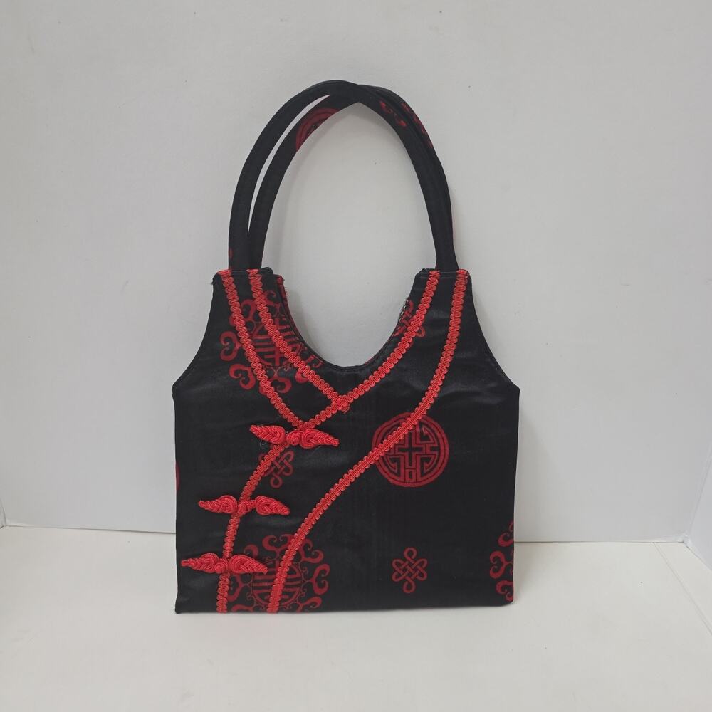 Asian Inspired Satin Handbag Black Red Embroidered Zip Top Shoulder Purse